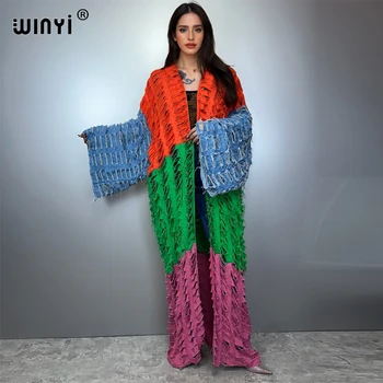 WINYI kimono Colored denim cardigan maxi dress beach wear cover-up abaya dubai luxury beach outfits for women Broke jeans coat