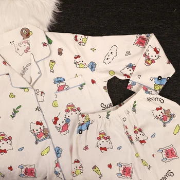 جديد مرحبا كيتي منامة مطبوعة مجموعة المرأة طويلة الأكمام ملابس خاصة المتسكعون مريح لطيف المنزل الزي ربيع الخريف الموضة الكورية 4