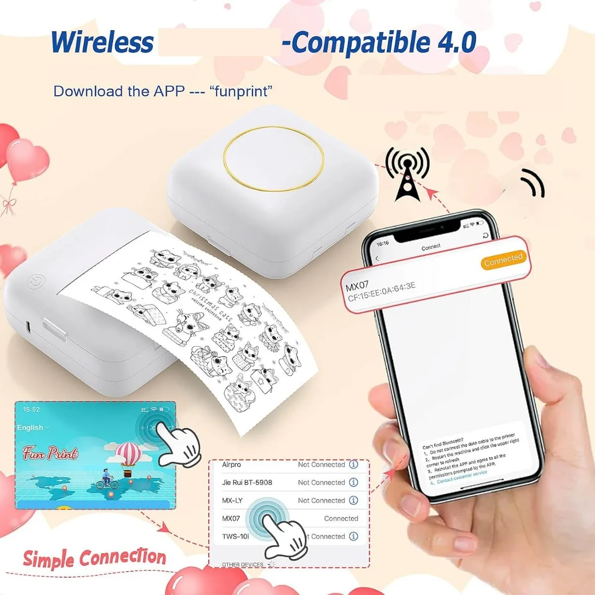 Wireless Mini Thermal Printer - Portable Label Maker, 200dpi High Resolution, USB Rechargeable, App Connectivity, No Ink Needed