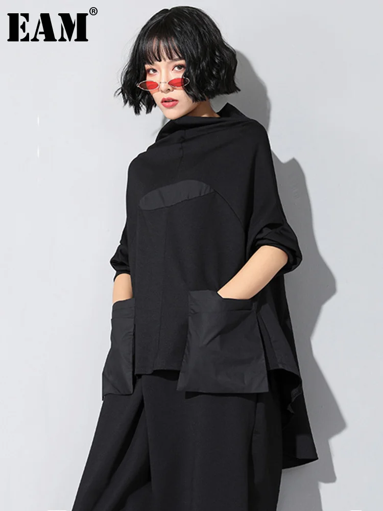 

[eam] Women Black Loose Pocket Irregular Hem Big Size T-shirt New Turtleneck Long Sleeve Fashion Tide Spring Autumn 2023 Jq01801