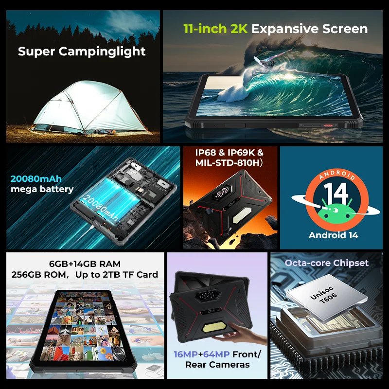 New HOTWAV R9 Pro Rugged Tablets Android 14 11" FHD+20080mah tablet 16MP+64MP+0.08MP Camera 6GB+256GB Camping light 20W Charge 2