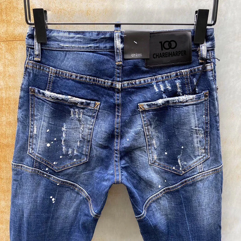 Chareiharper t121 raggy paint-spruced Stretch jeans for men Skinny blue panhandle pants 6