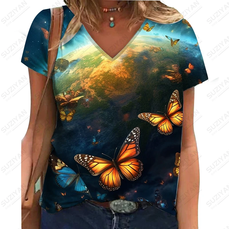 

Summer new lady V -neck T -shirt butterfly dragonfly 3D printed lady V -neck T -shirt casual fashion trend V -neck T -shirt