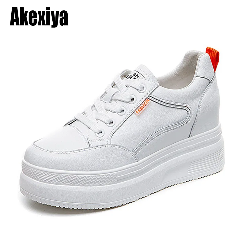 

Genuine Leather Women Casual Shoes White Platform Wedge Hidden Heel Shoes White Shoes Chunky Sneakers Skateboard BC3995