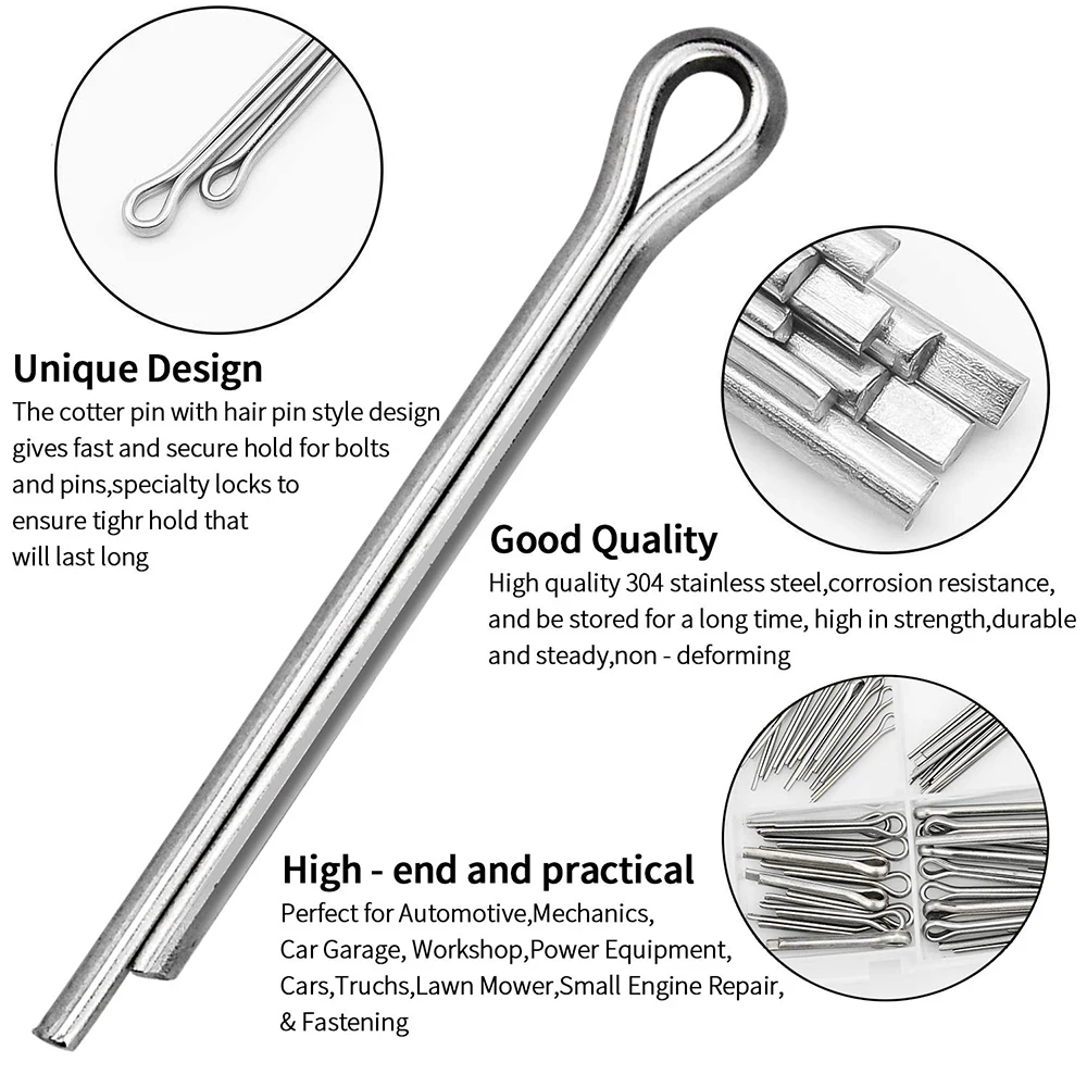 150 피스 코터 핀 분류 키트, 15 가지 크기, 아연 도금, 스테인리스 스틸, M1, M1.5, M2, M2.5, M3 코터 핀 패스너