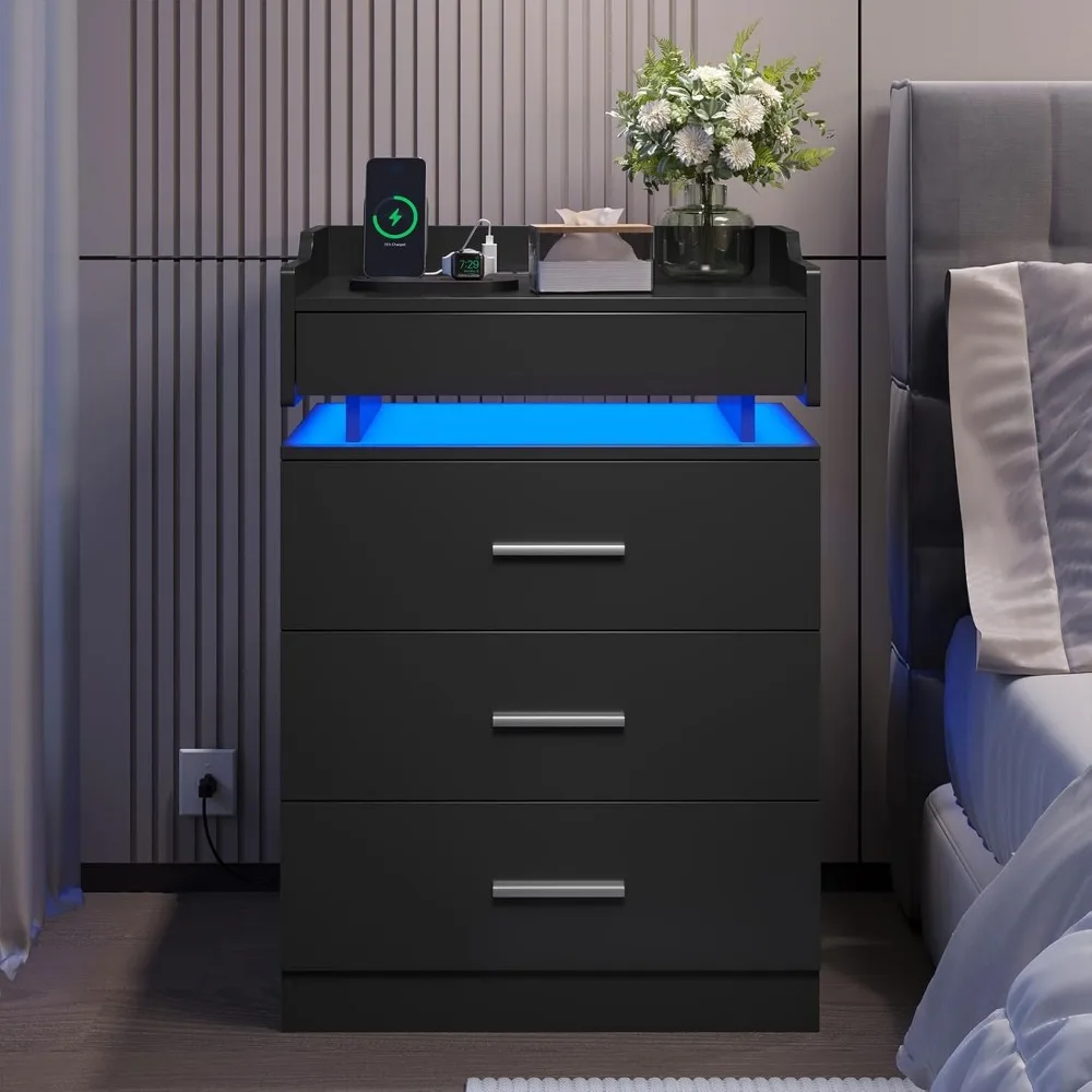 Black Nightstand Set of ,LED Night Stand with Charging Station & Pull-Out Tray,Bedside Table with Drawers, 6