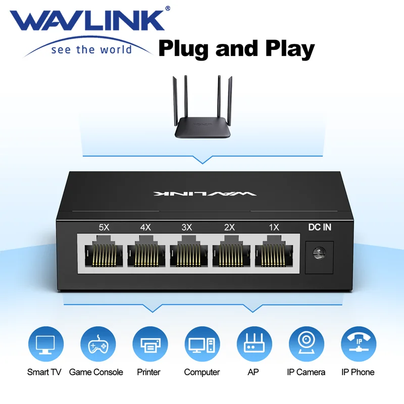 WAVLINK 5포트 기가비트 비관리형 스위치 데스크탑 이더넷 분배기 홈 네트워크 허브 금속 케이스 플러그 앤 플레이 컴팩트 LED 포함