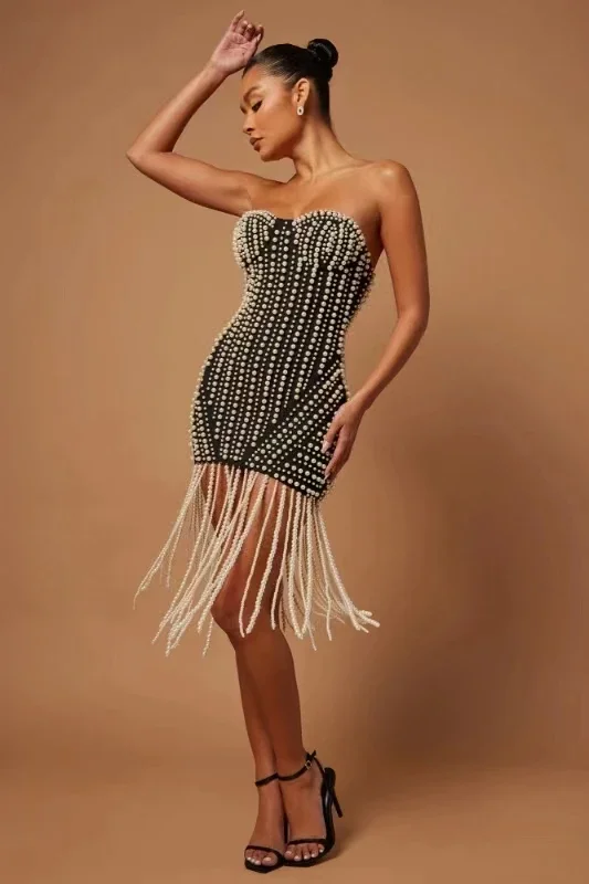 2024 Summer New Women's Black Sexy Strapless Pearl Tassel Bandage Mini Dress Bodycon Celebrity Party Cocktail Evening Dress