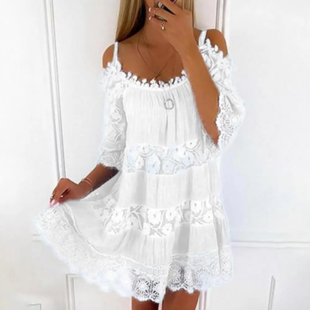 

Office Dress Quick Drying Crochet Embroidery Lace Stitching Mini Dress Scoop Neck Comfortable Mini Dress Female Clothing