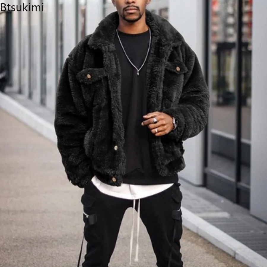 Autumn Winter Men's Mid-length Style Plush Jacket Fashion Casual Fluffy Warm Coat Male Solid Tops Loose Thermal Jacket Outerwear