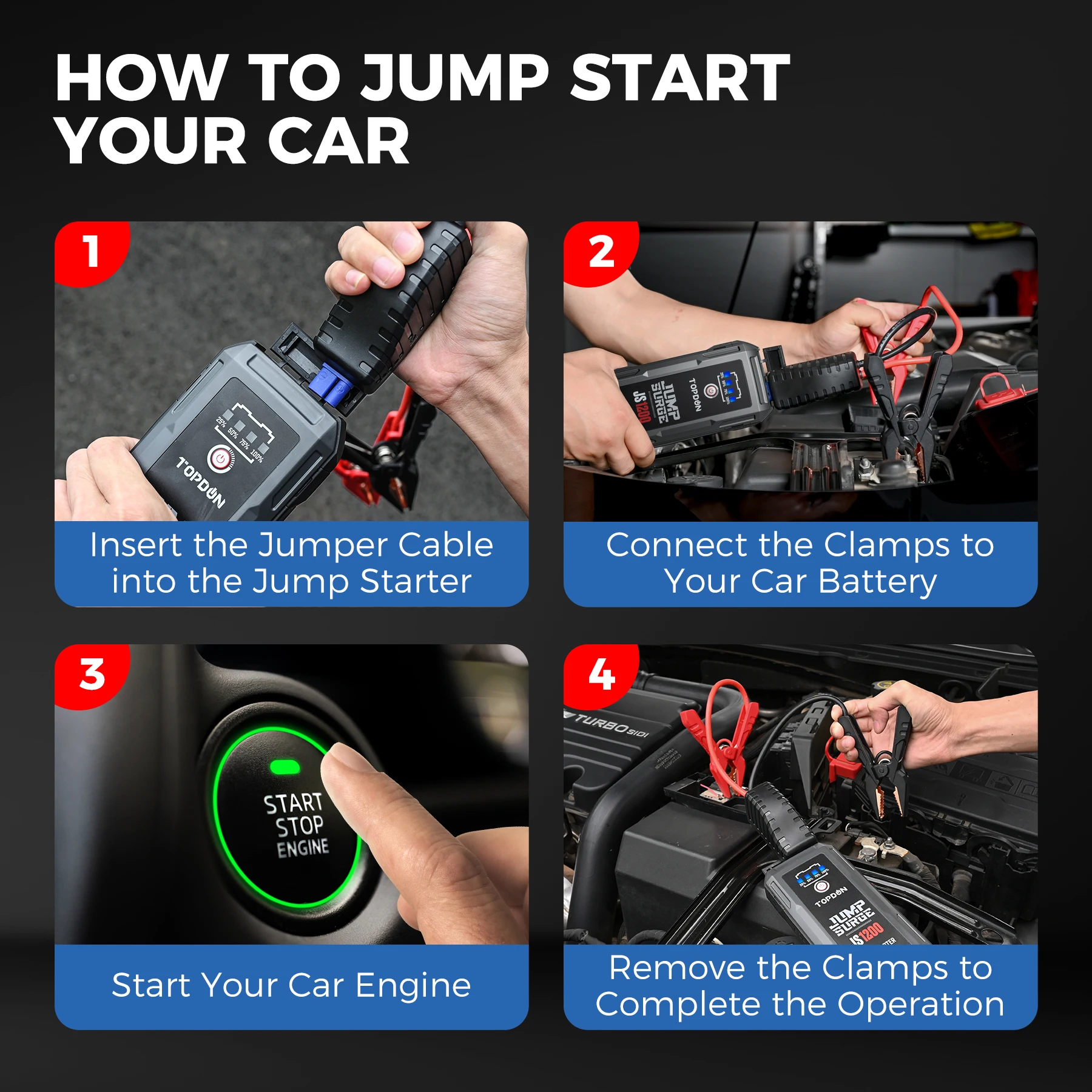Topdon JS1200 1200A Car Jump Starter Power Bank 12VCar Starting Device 10000Mah For 6.5/4L Car Emergency Booster Starting Device