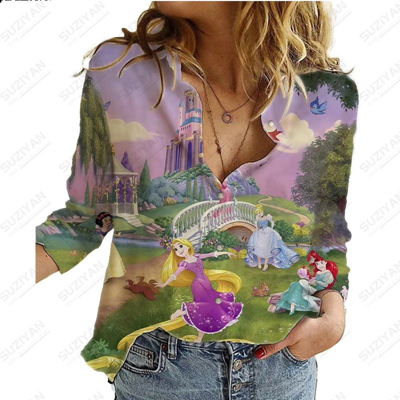 

New Hot Selling Women's Button Long Sleeve Shirt Temperament Disney Princess 3D Print Street Sexy Casual Women's Chiffon Shirt