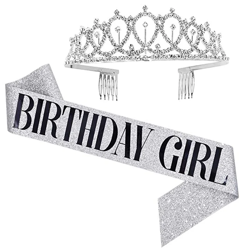 Birthday Crown Bling Rhinestone Crystal Crown Tiara Birthday Anniversary Decoration Happy 18 21 30 40 50th Birthday Satin Sash Party Supplies