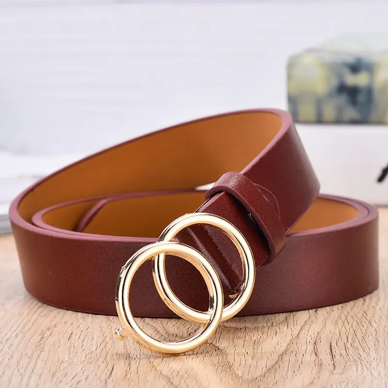 Women's Belt Trend Double Round Buckle Belt Simple And Versatile Youth Belt Pu Leather Belt Paired With Jeans Skirt Women Belt