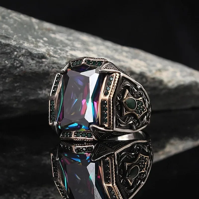 Signet Ring Retro Handmade Turkish Signet Ring For Men Women Ancient Silver Color Carved Ring Inlaid Sky Blue Zircon Punk Motor Biker