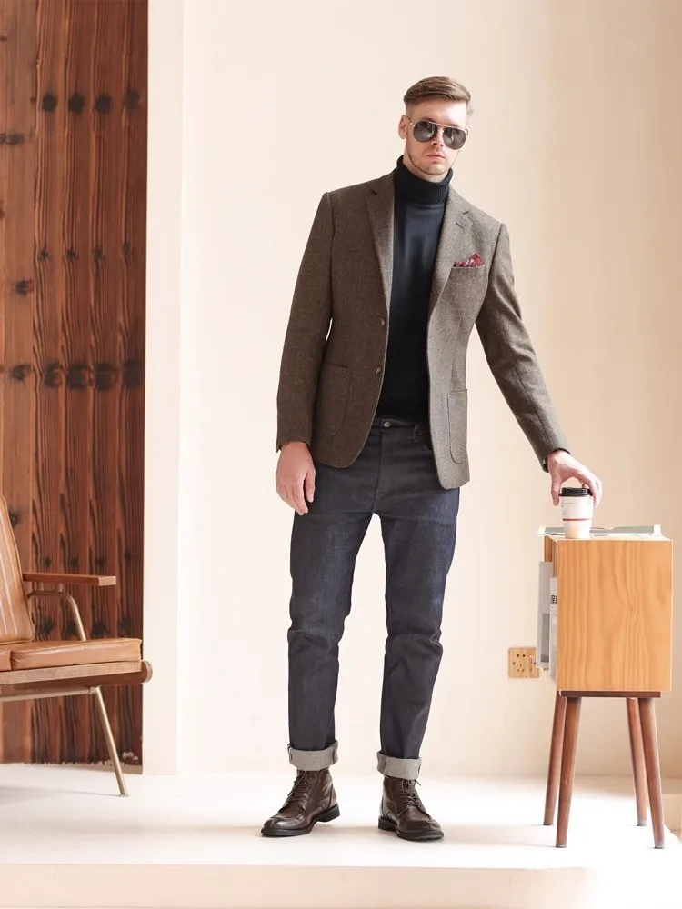 Herbst und Winter verdickter Retro-Anzug aus grober Wolle, Business-Casual, britischer Stil, Anzugjacke mit Fischgrätenmuster für Herren – Detail 12