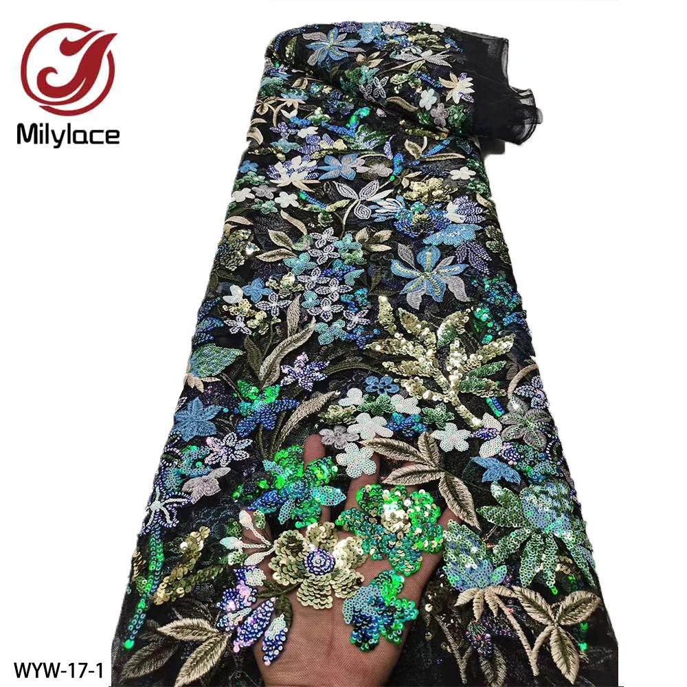 

Latest French Nigerian Net Lace High Quality African Mesh Embroidery with Sequins Lace Fabric for Wedding Dress 5Yards WYW-17
