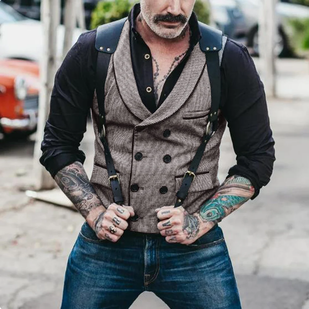 Houndstooth Fabric Gilet Men Double Breasted Vests for Men Lapel Vest Man Dress Waistcoat Men's Luxury Clothing Steampunk Male