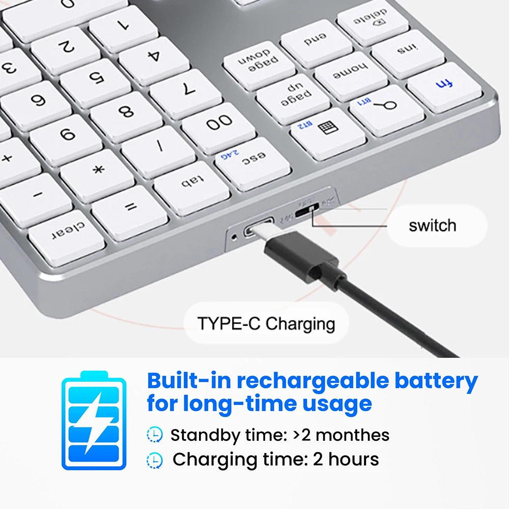 35 Keys Dual Bluetooth Number Keyboard 2.4G Wireless Pad Thin Rechargeable Keypa