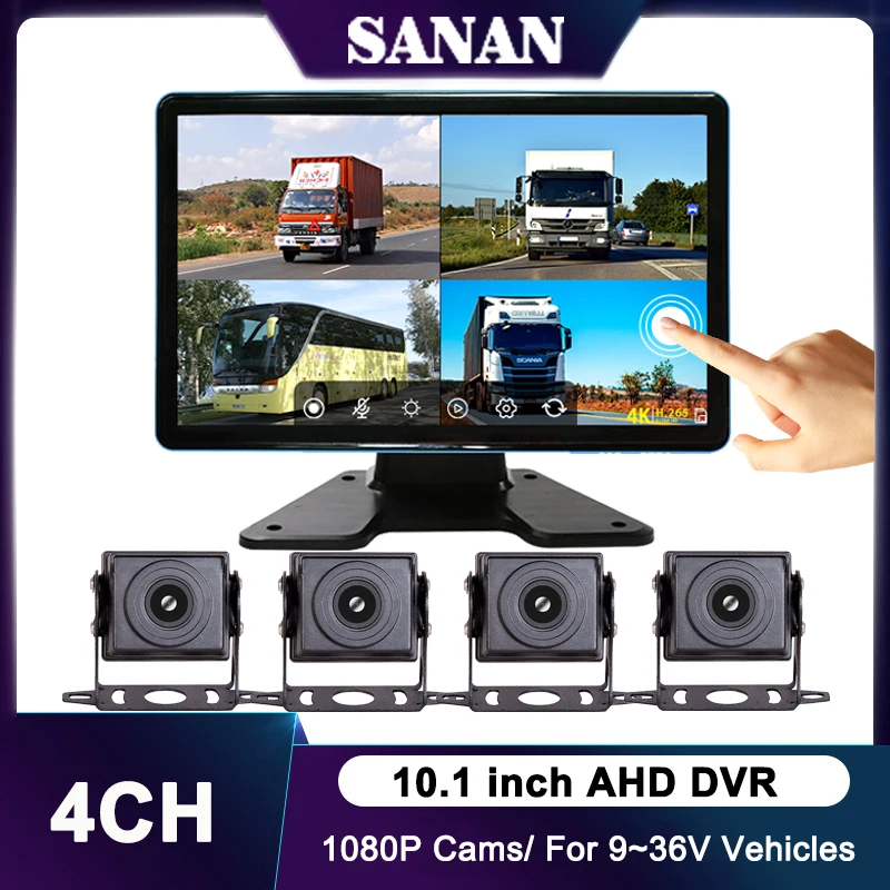 10.1" AHD 1080P 4CH Truck Backup Camera Record Monitor Touch Screen Vehicle DVR Kit Rear View Reverse System Parking Monitoring