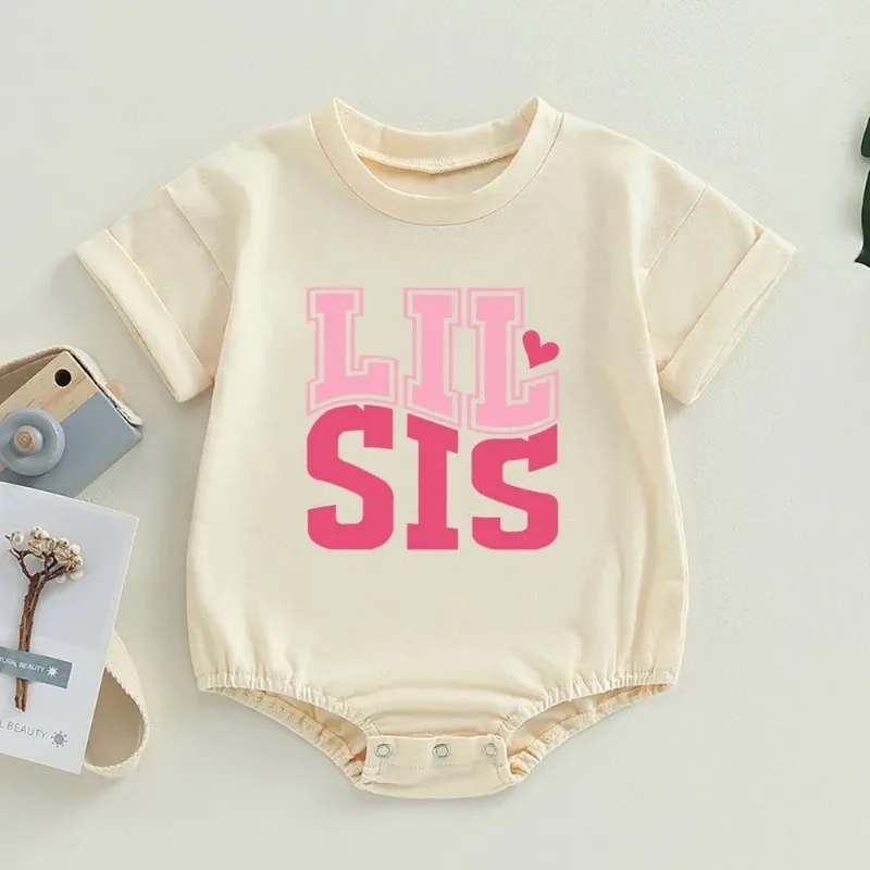 BIG SIS/LIL SIS Print Sister Family Matching Outfits Short Sleeve Kids T-shirt+oversized Bubble Romper Retro Sister Outfits 4