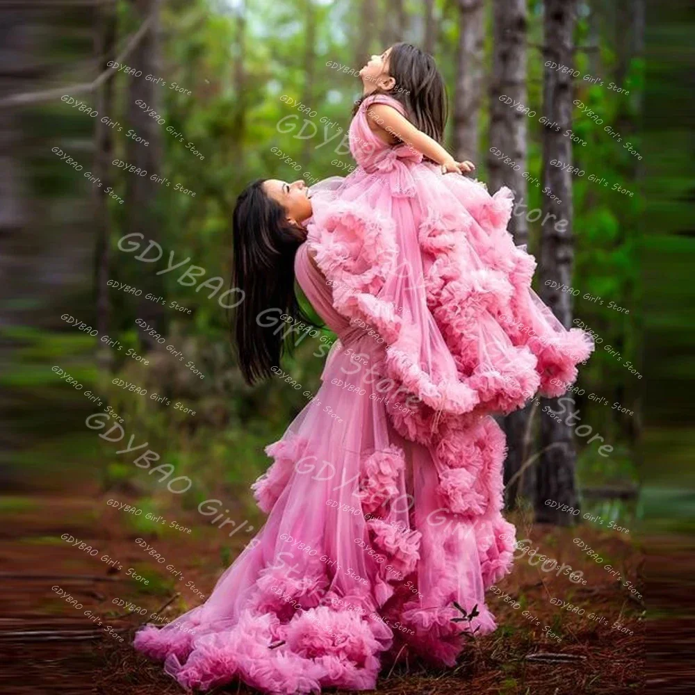 Princess Mother and Daughter Dress V Neck Ruffles Tulle Mommy Girls Party Birthday Dress Kids Long Flower Girl