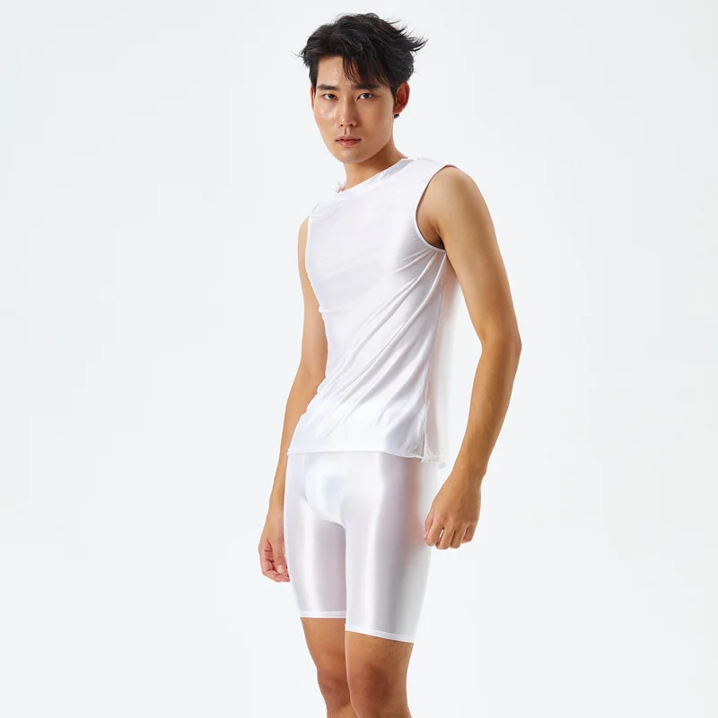 Men Silky Shiny Tight Transparent Vest Five-point Pants Oily Fitness Shorts Glossy Swimming Sports Yoga Suit Plus Size