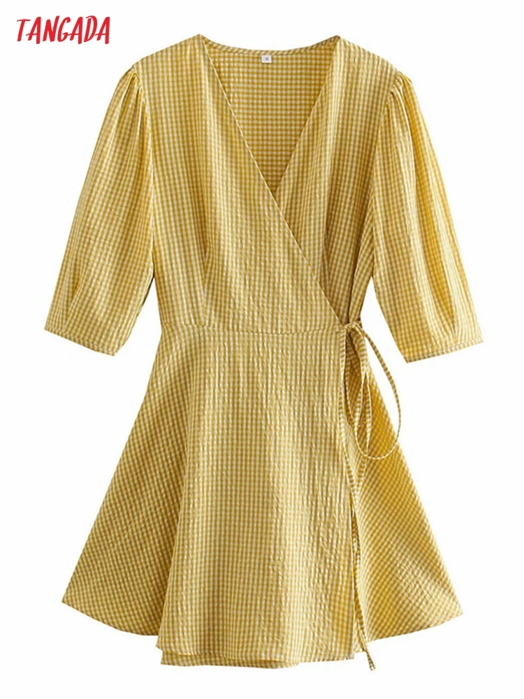 Tangada 2022 Summer Women French Style Yellow Plaid Print Dress Puff Short Sleeve Ladies Dress 1F475