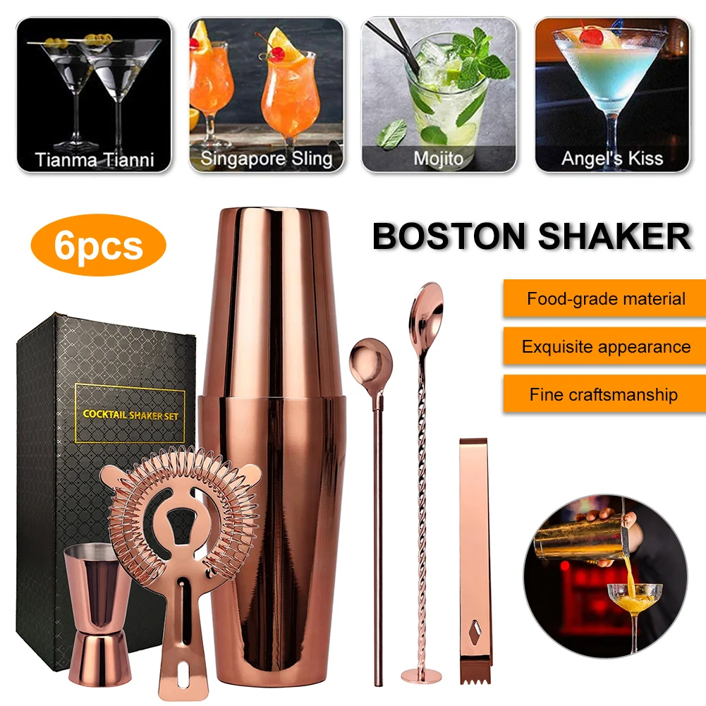 

New 6Pcs Cocktail Shaker Set Stainless Steel Bartending Kit Boston Shaker Bar Set Cocktail Mix Drink Making Kit Home Bar Tools