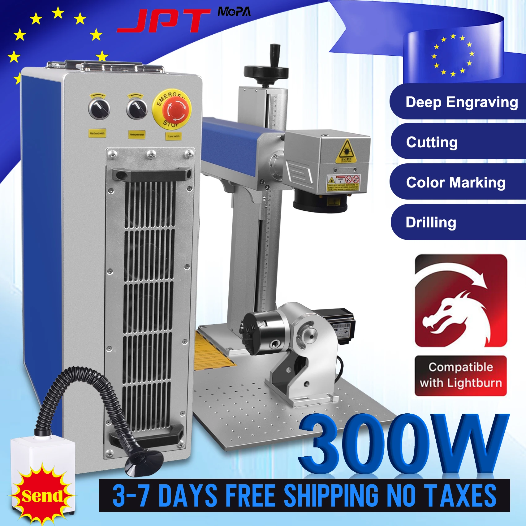 JPT Mopa Lasermarkiermaschine mit Rauchfilter für Tiefengravur und -schneiden von Metall und Schmuck, Lasergraviergerät 300W 200W 100W