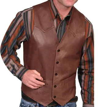 Men's Leather Vest V Neck Single-breasted Western Sleeveless Men Waistcoat Motorcycle Biker Leather Jacket Club Vest 2