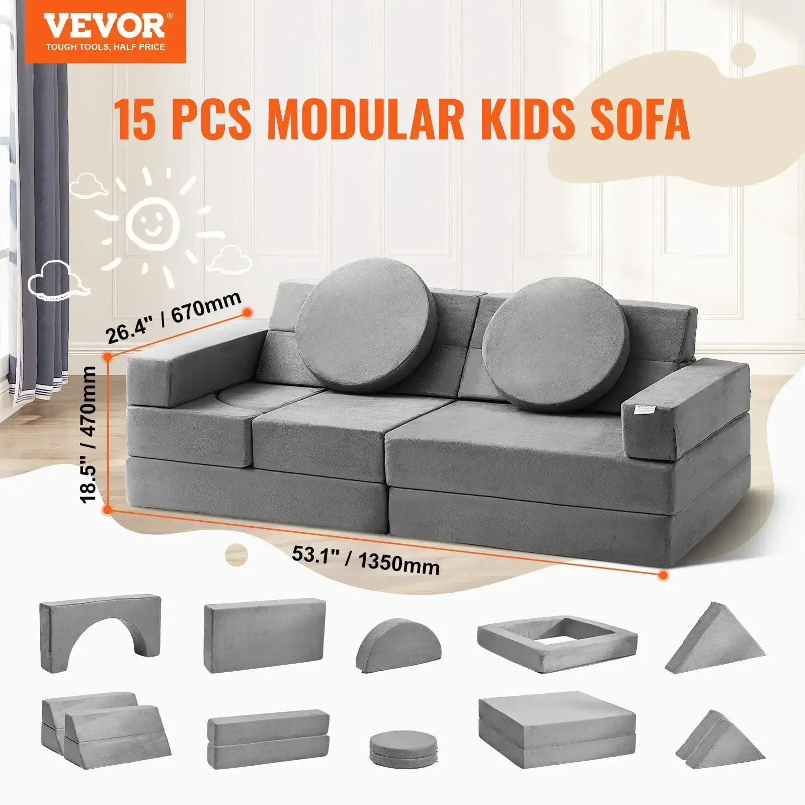 Play Couch, Modular Kids Nugget Couch 15pcs, Toddler Foam Sofa Couch with High-density 25D Sponge for Playing, Creating 2