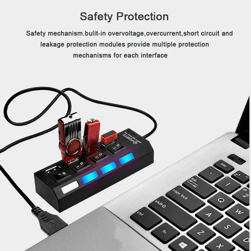 USB 2.0 Hub Multi USB Splitter Ports Hub Use Power Adapter 4/ 7 Port Multiple Expander Hub with Switch 45CM Cable For Home 3