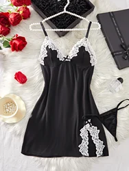 Elegant Pink Silk Nightgown Set - V - Neck Sleep Dress with Panties - XXL (147 - black)