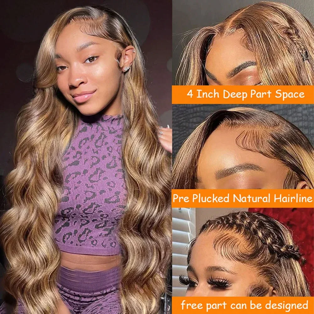 28 Inch Highlight Body Wave Wig Brazilian Human Hair Wigs 13x4 Transparent Lace Front Wigs Human Hair Pre Plucked with Baby Hair