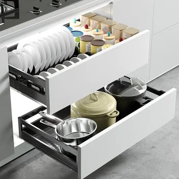 ตู้ครัวประเภทลิ้นชักตู้ตื้นอลูมิเนียมอัลลอยด์สองชั้นตะกร้าชามตู้ตื้นดึงตะกร้าชั้นวางจาน 1