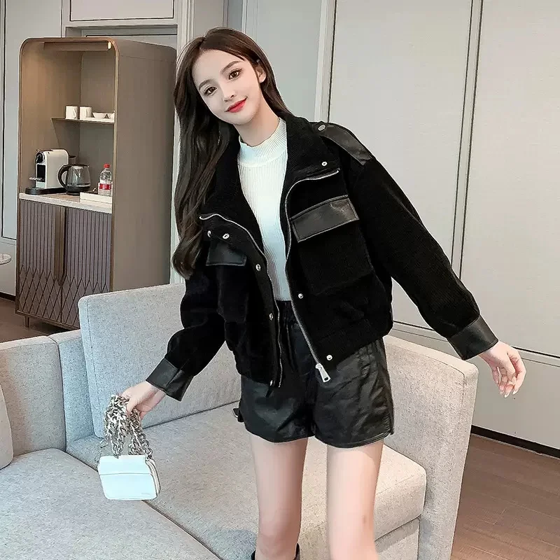 Corduroy Leather Small Fragrance Wind Short Coat Women 2023 Autumn Winter Senior Sense Fried Street Motorcycle Clothing Cardigan