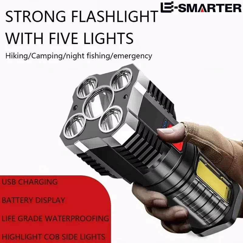 LED Flashlights 5LED High Power Rechargeable Camping Spotlight Side Light 3 Lighting Modes Camping Adventure Outdoor
