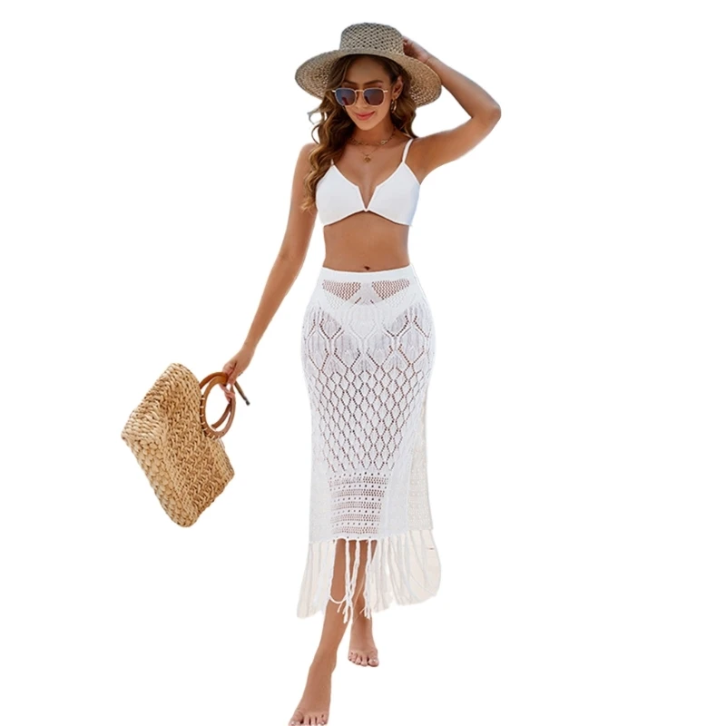 Women Beach Skirt Crochet Dress Swimwears Coverup Skirt Crochet Skirt Swimsuit Coverup Dress for Parties E56D