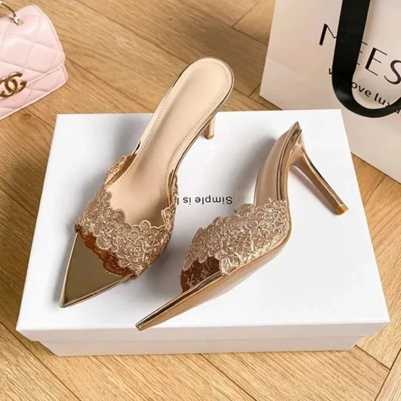 New Elegant Women's High Heel Sandals Lace Embroidery Pointed Open Toe Stiletto Wedding Party Slippers Sexy Dress Shoes
