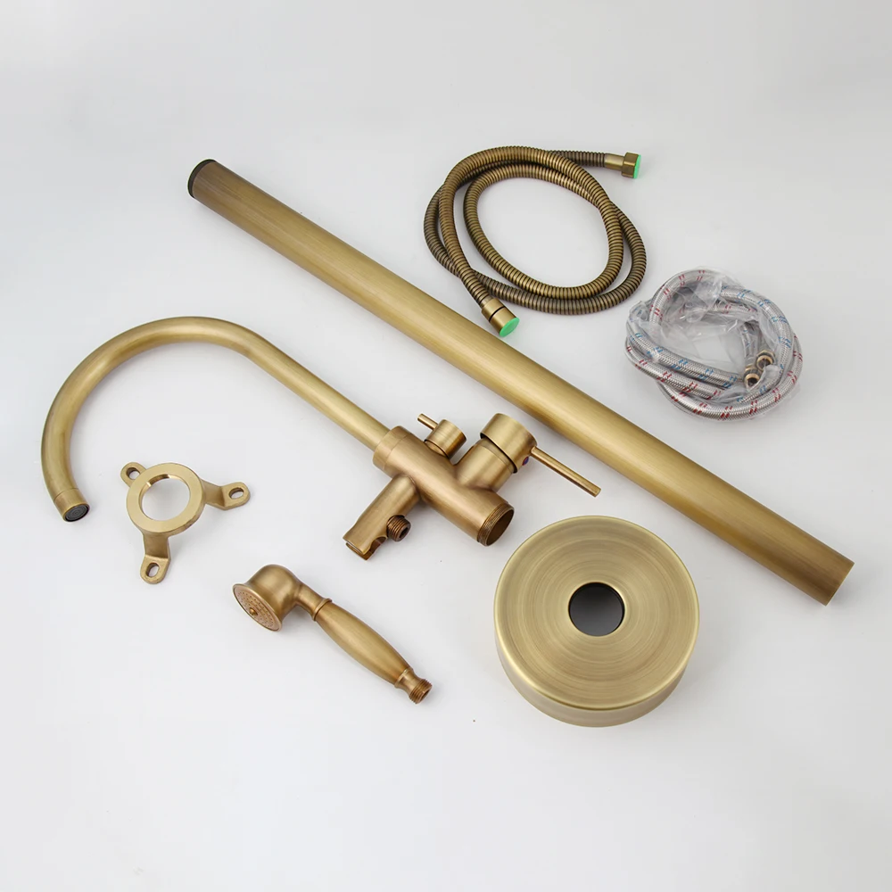 KEMAIDI Antique Brass Bathtub Shower Faucet Set Floor Standing Shower Systerm with 360 Swivel Spout Bathroom Bath Bathtub Mixer 4