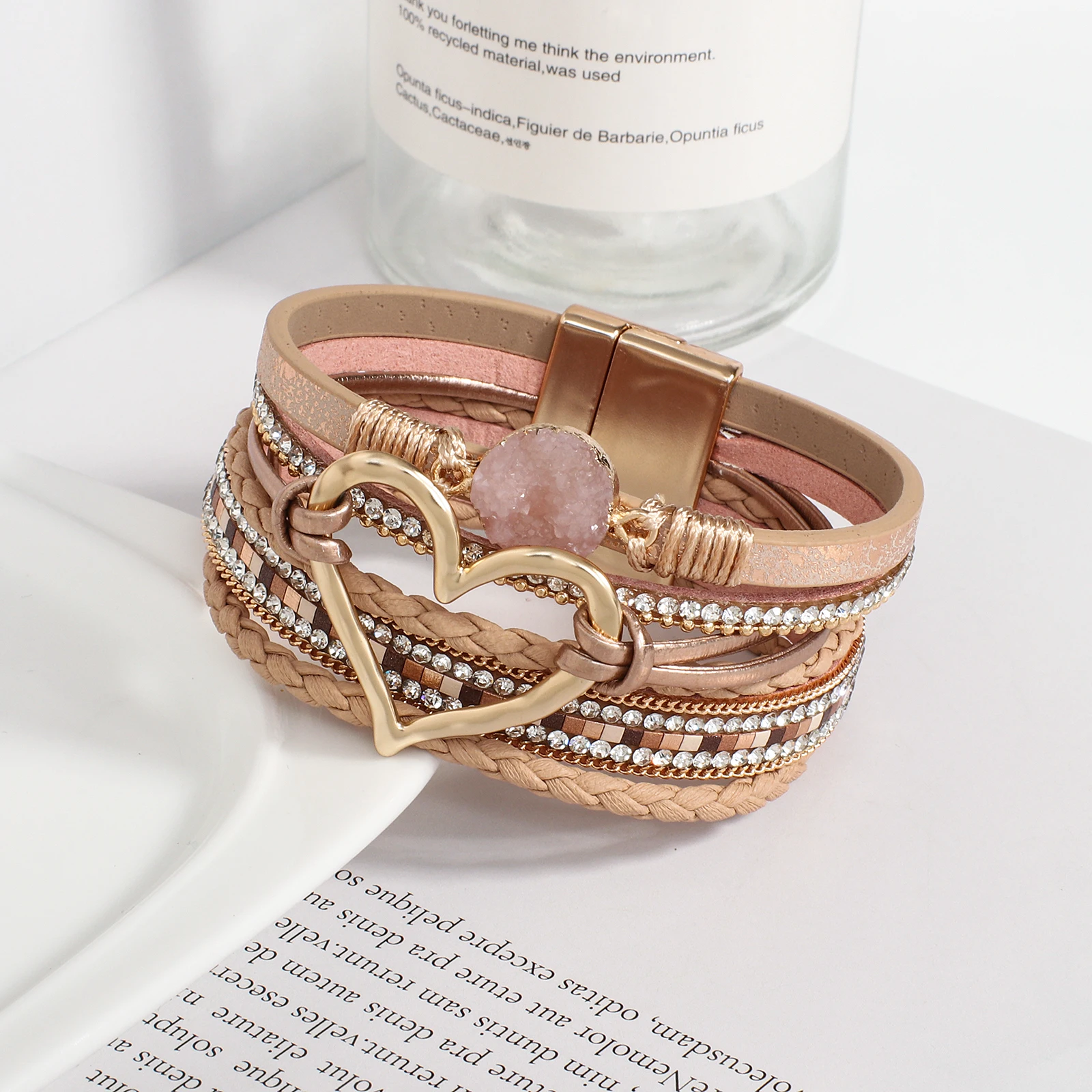 Metal Love Heart Charm Leather Bracelets bangle bracelet,leather bracelets,leather bracelet For Women Fashion Rhinestone Braided Wrap Bangle Female Jewelry