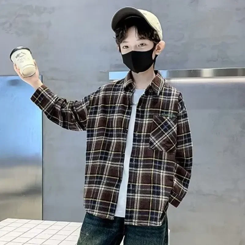 남아 가을 컬렉션 긴 소매 격자 무늬 셔츠 재킷, 용수철 여름 패션, 얇은 버전, 중간 대형 아동용 블라우스, 2024 신상