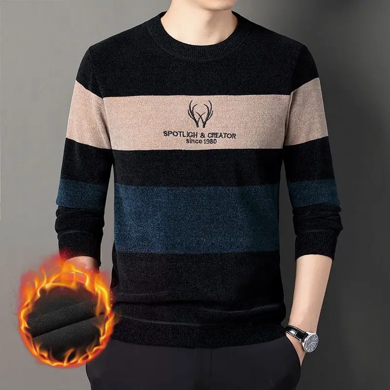 

Men's New Fashion 2023 Autumn Winter Commuter Plush Warm Trend Round Neck Long Sleeve Loose Casual Comfortable Printed T-shirt