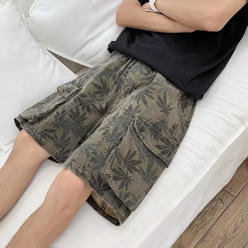 Summer Loose shorts men's camouflage short pants moto biker streetwear men multi-pocket maple leaf print casual hip cargo shorts