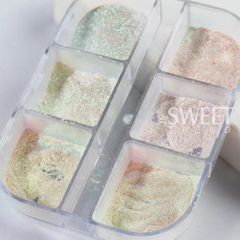 6Grids Fairy Aurora Chrome Nail Glitter Pigment Irridescent White Pearl Rubbing Dust Wedding Summer Powder Mirror Manicure Decor