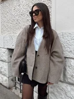 Elegant Straight Cut Wool Jacket Women Fashion V Neck Single Breasted Short Coat 2025 Autumn Chic Lady Office Street Outerwear 1