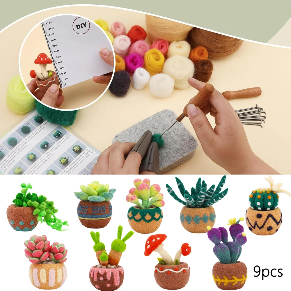 6/9/15 PCS Succulent Beginner Needle Felting Kit Needle Felting Tools Wool Roving Foam Mat Needles and Instructions needle felting kit needle felting painting kit