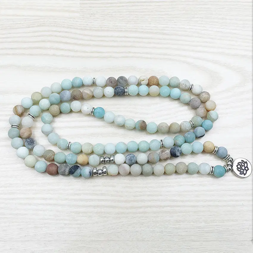 8mm Matte Amazoniteite 108 Mala Gemstone Beads Bracelet Japa Teens Wrap Stackable Relief Wear Charm Men