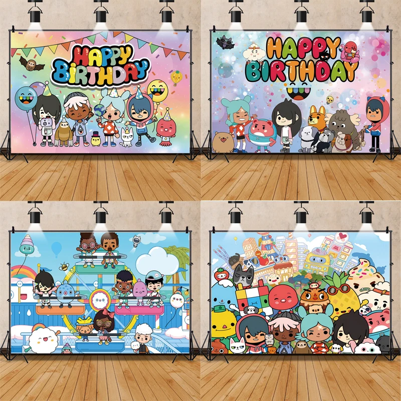 Toca Life World Fondale Cartoon Boca Birthday Vinyl Photo Background Per Princess Girls Birthday Party Decor Cake Table Banner
